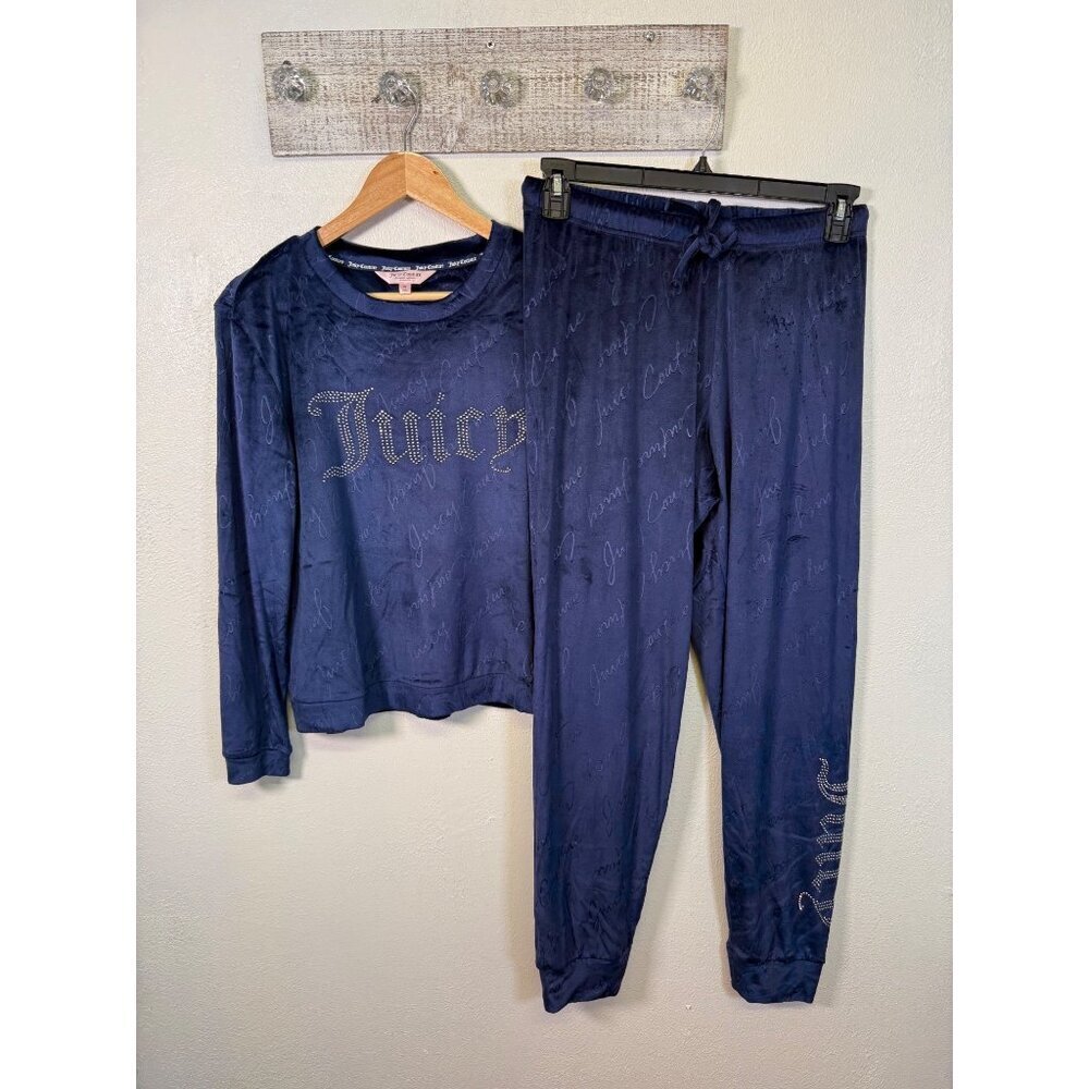 Juicy Couture Women’s Velour Pj Set / Loungewear Medium Rich Blue Rhinestones